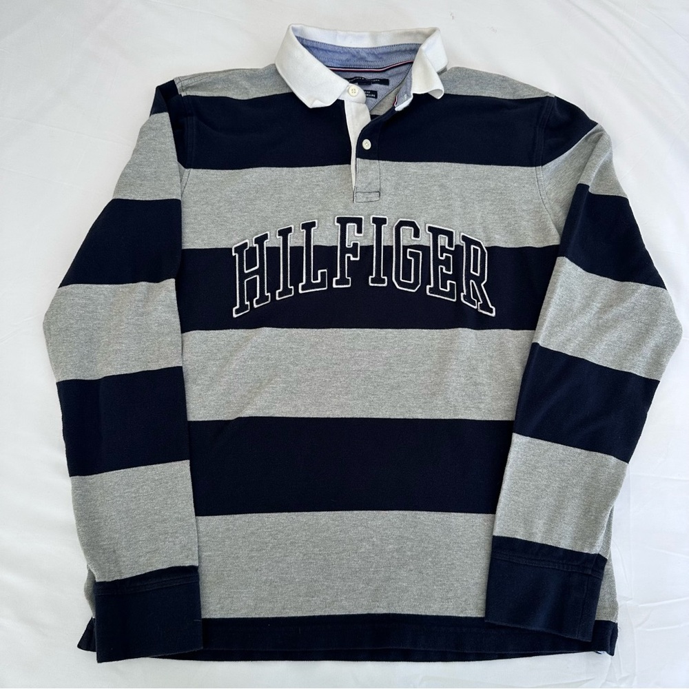 Tommy Hilfiger Striped Polo‎ Gray Black Custom Fit Embroidered Logo Mens Large